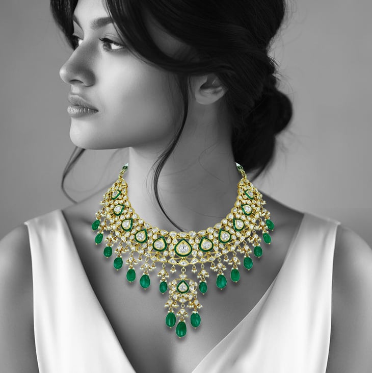 Polki Necklace with Green Enamel and Emerald Maniyas Beads